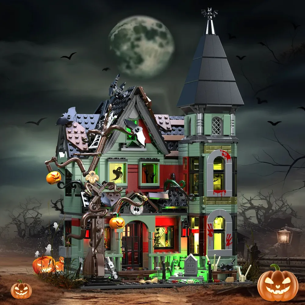Haunted House Building Set with Lights, Halloween Mansion Building Toy for Adults