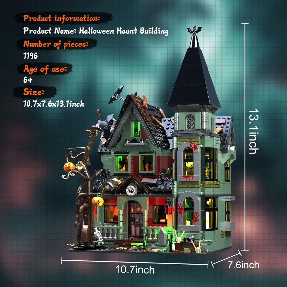 Haunted House Building Set with Lights, Halloween Mansion Building Toy for Adults